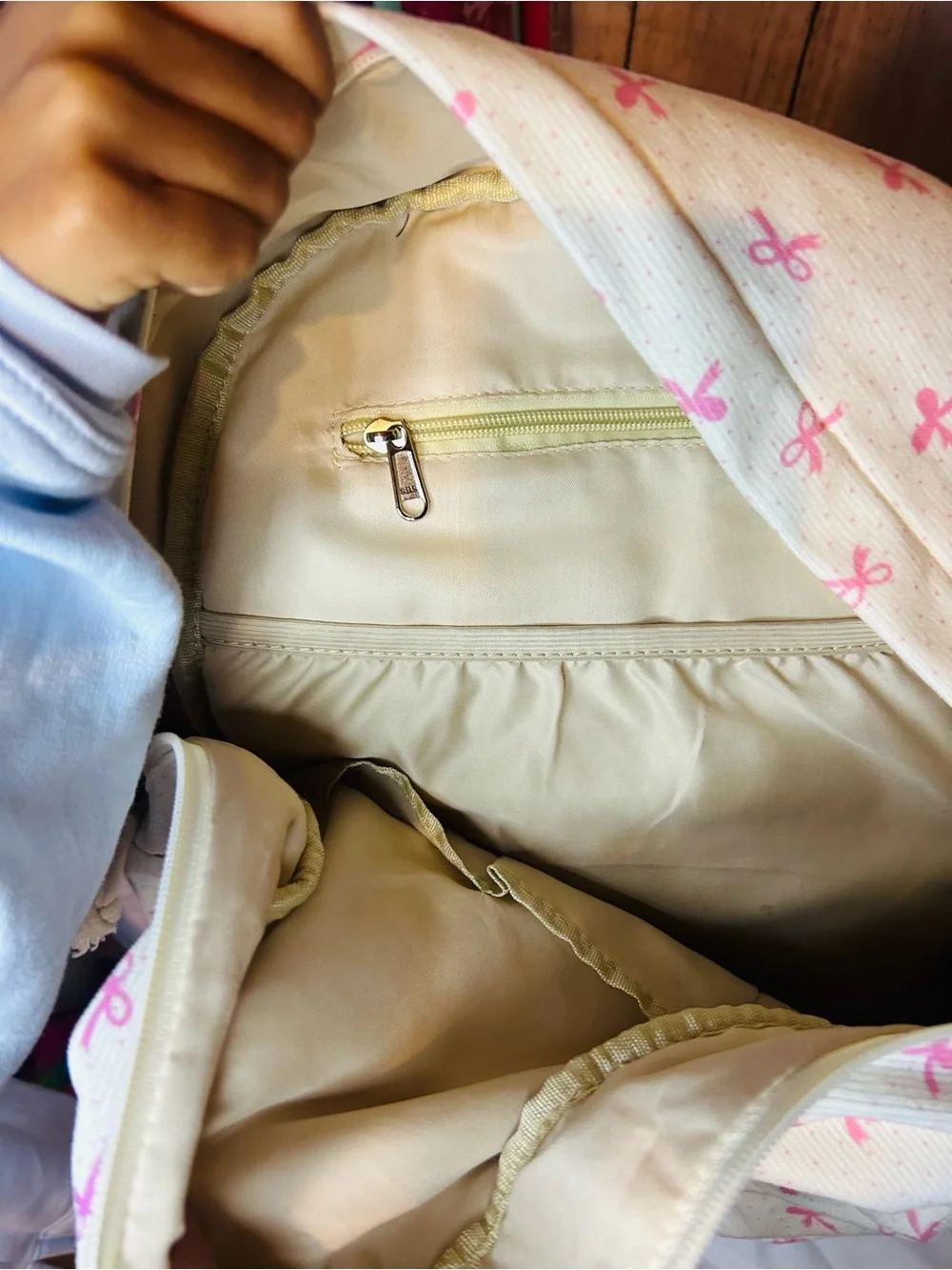 Cream Kids Backpack and lunch bag with Pink Bow Print